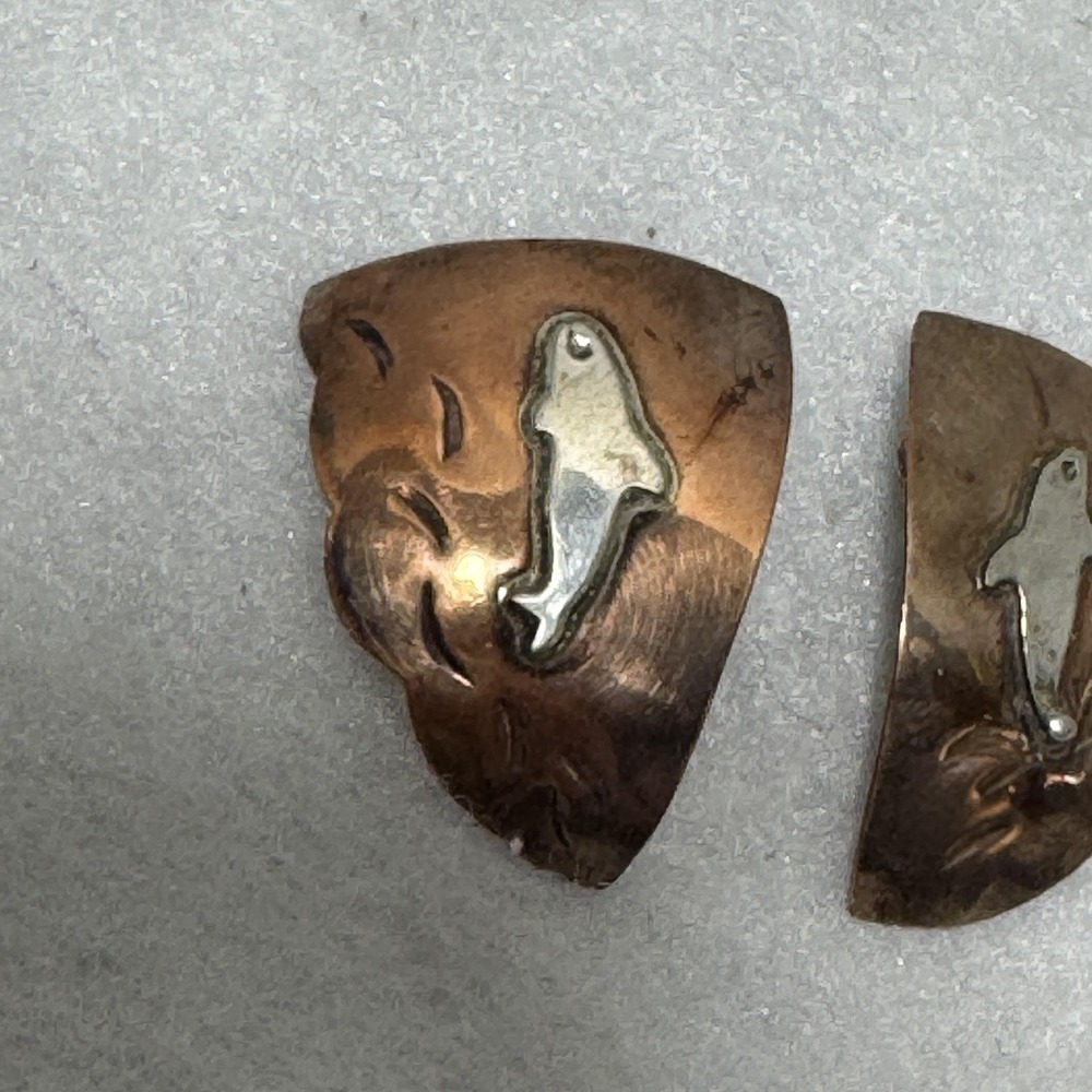 Vintage Earrings Copper Silver Northwest Salmon Fish Motif Handcrafted - Picture 3 of 6